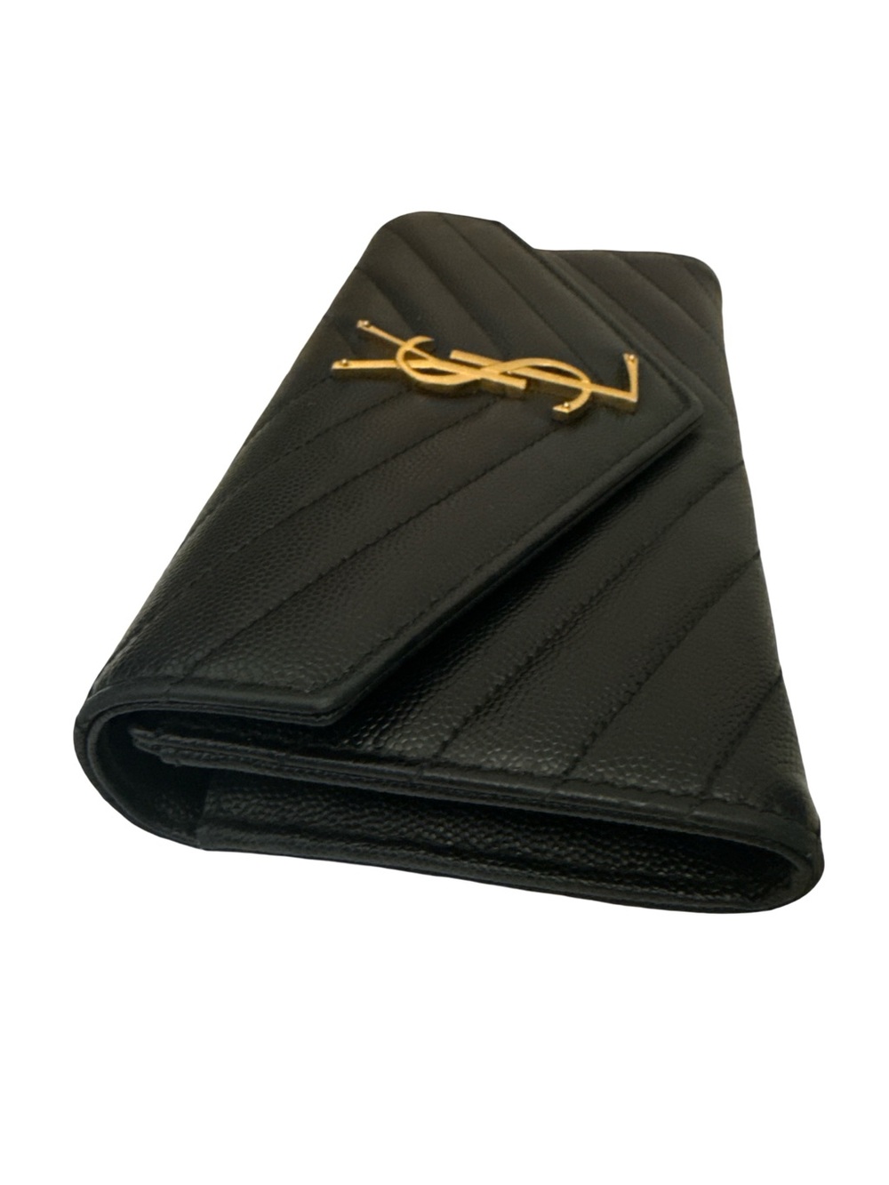 Saint Laurent Black Chevron Leather Wallet with Gold YSL Emblem Crossbody - Picture 15 of 15
